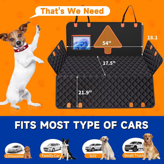 Pet paw protection mat designed to fit most types of cars, showcasing dimensions and functionality for pet safety.