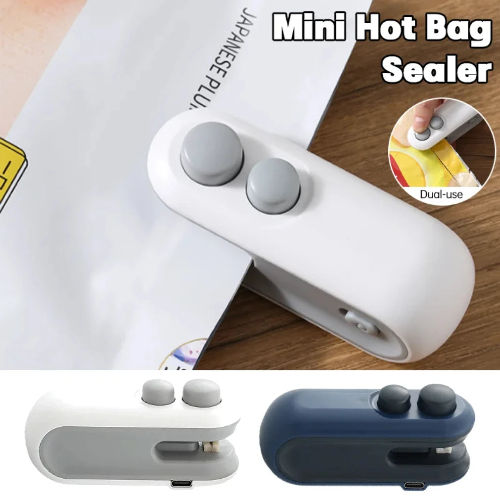 SealMate features and benefits of the Mini Hot Bag Sealer in white and navy colors for maintaining food freshness.