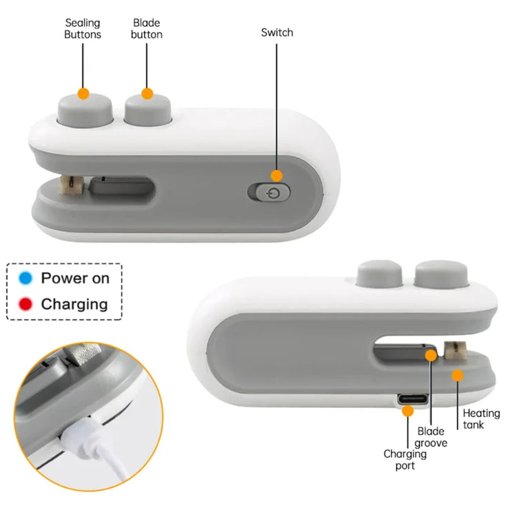 SealMate features and benefits showing sealing buttons, switch, and charging port for easy use.