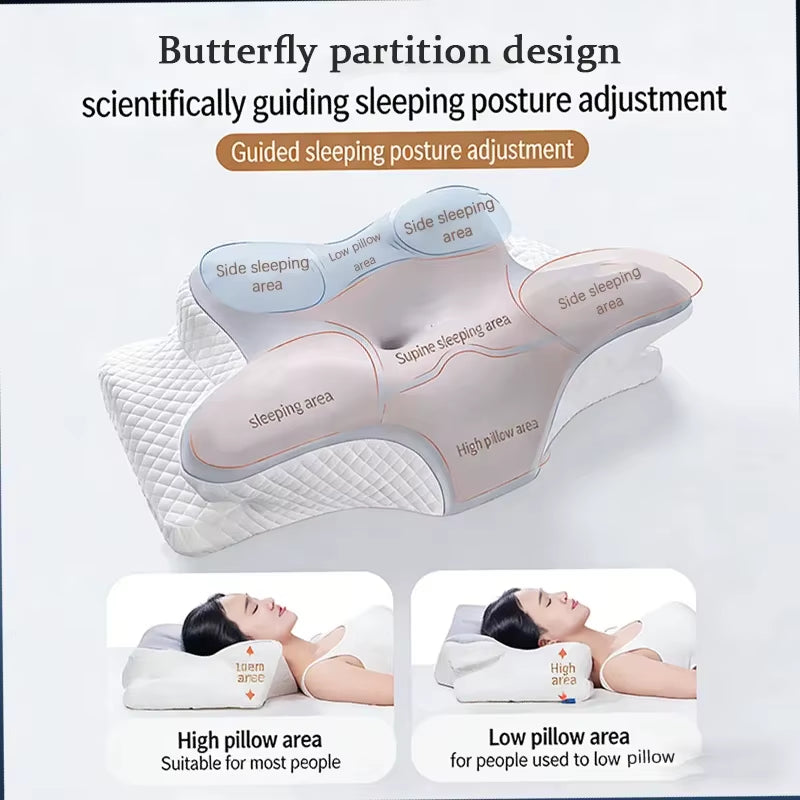 Sleep neck support cushion with butterfly design for optimal sleeping posture adjustment.