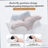 Sleep neck support cushion with butterfly design for optimal sleeping posture adjustment.