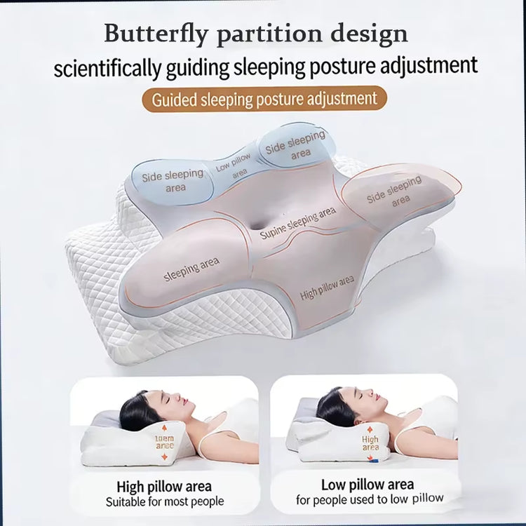 Sleep neck support cushion with butterfly design for optimal sleeping posture adjustment.